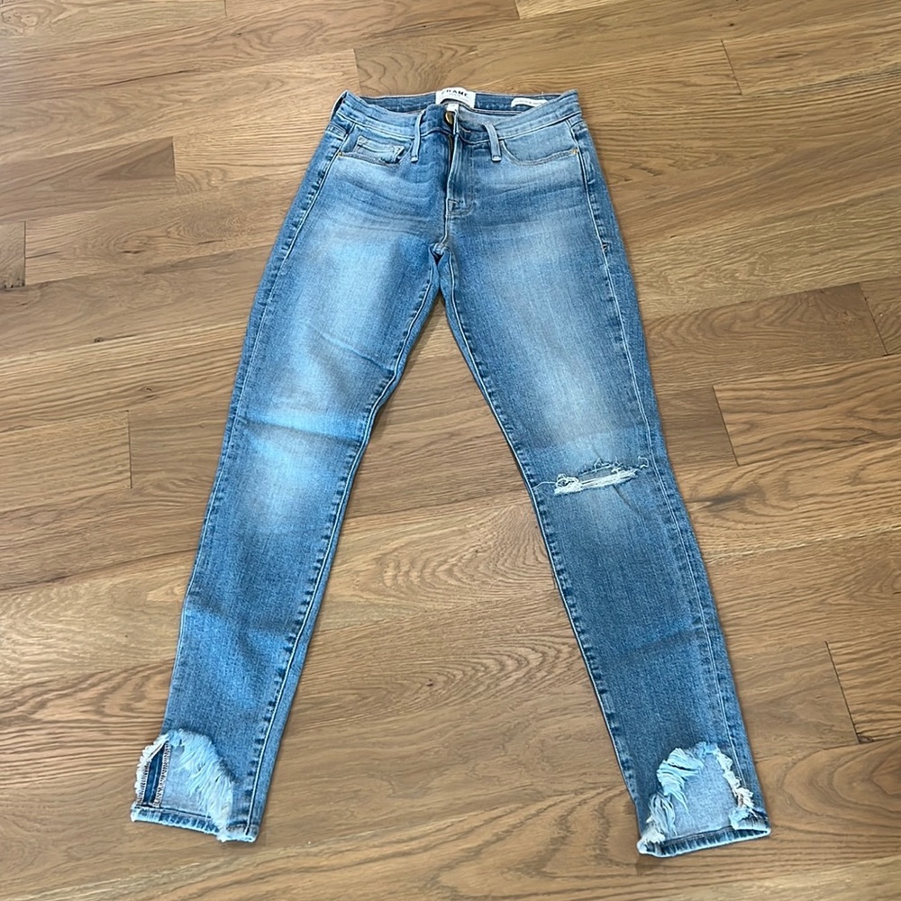 Frame Le Skinny de Jeanne Distressed Denim Jeans Cutout Frayed Hems Sz 25